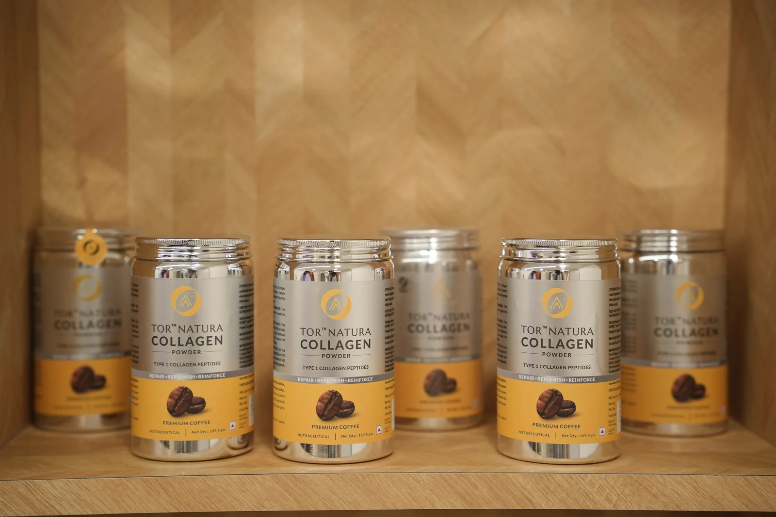 Collagen supplements on a timber shelf