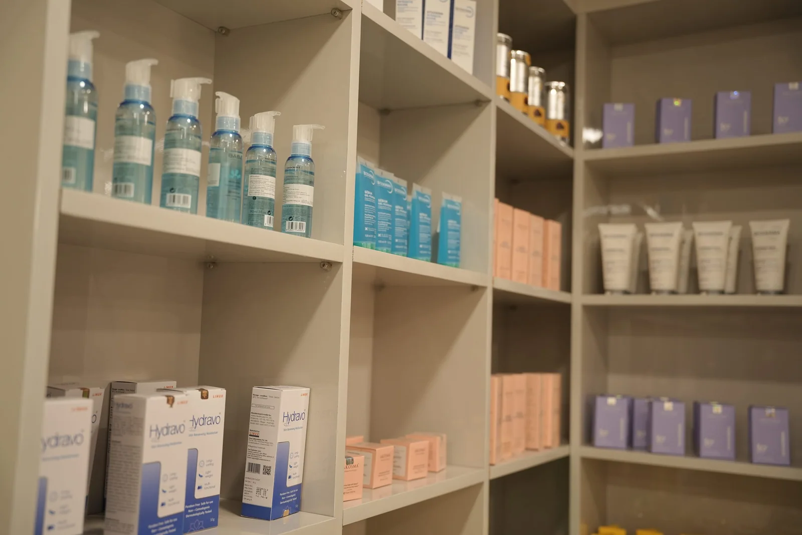 Shelves of dermatologist-recommended skin care products