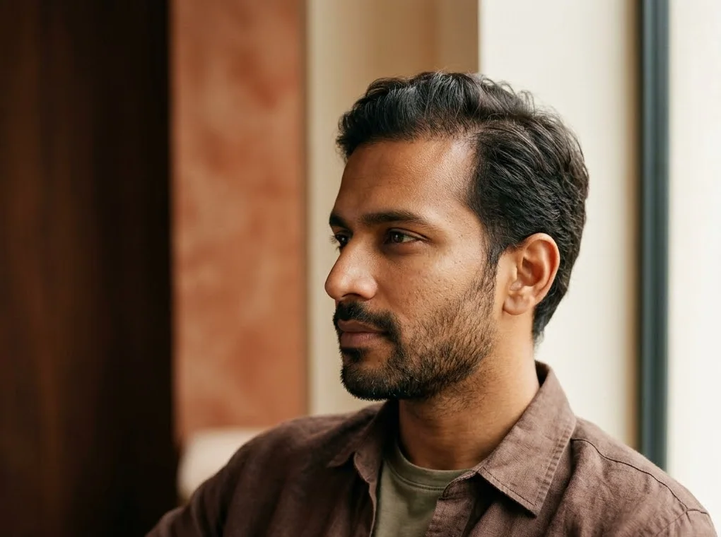 Man in a brown linen shirt looking to the side