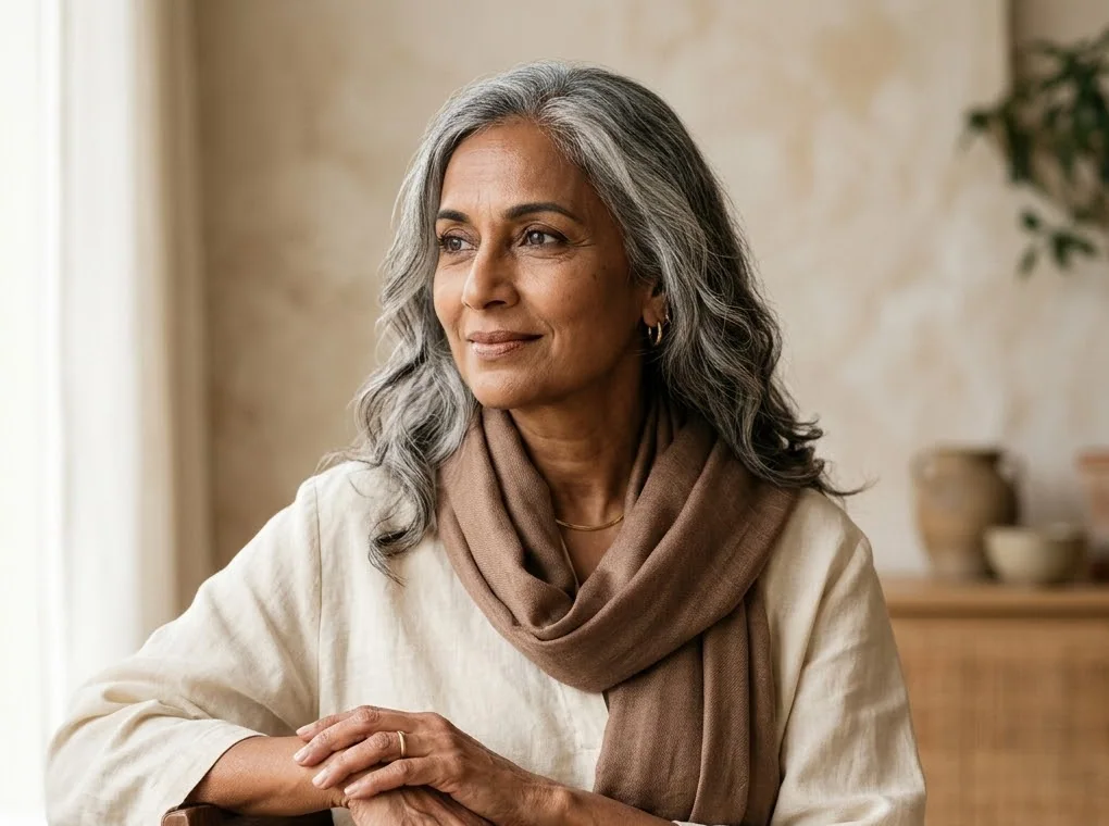 Woman with silver hair and a warm scarf, smiling